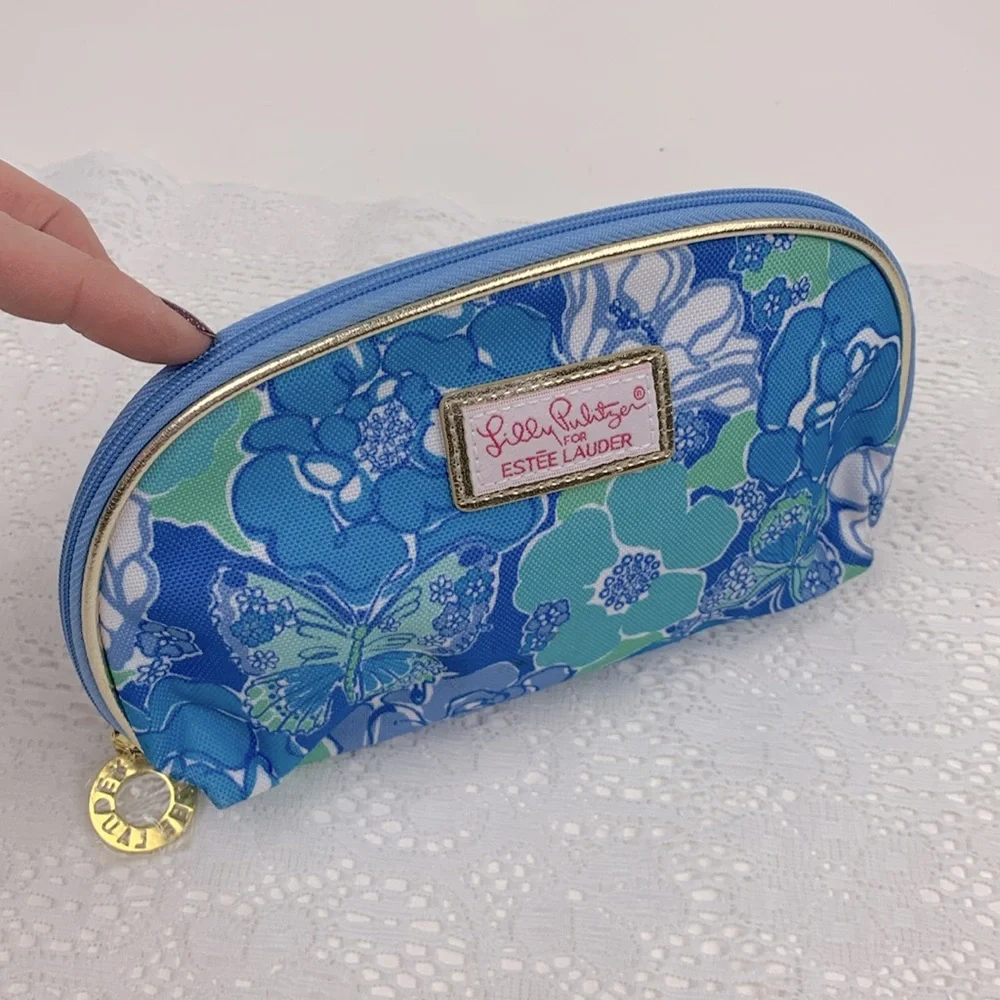 Lilly Pulitzer for Estée Lauder Cosmetic bag pouch gold Zip Close Pink lined